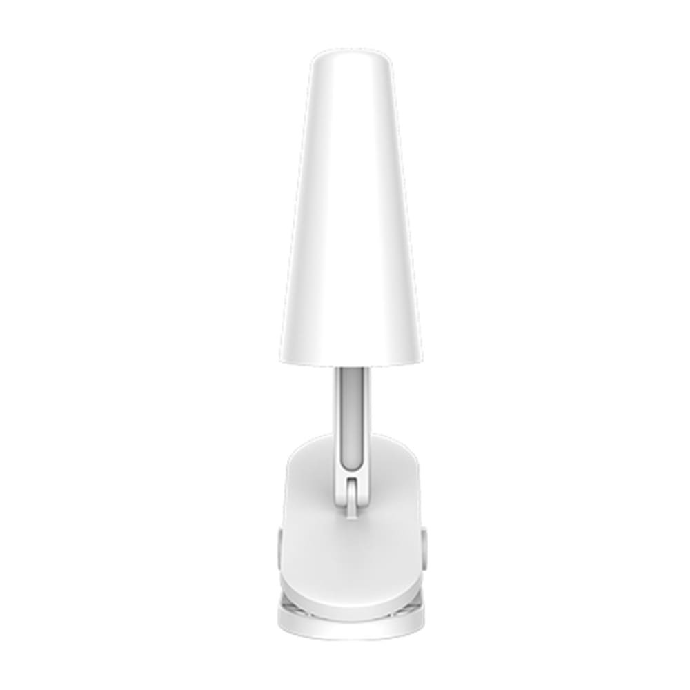 Una lámpara blanca con pinza, pantalla cónica y cuello flexible.