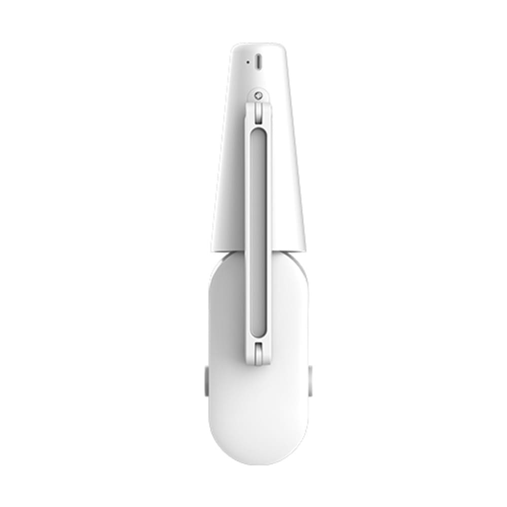 Un dispositivo blanco y plegable mostrado verticalmente sobre fondo blanco.