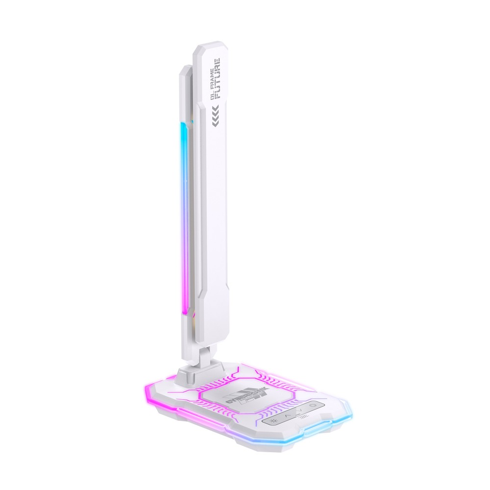 Una lámpara blanca con iluminación RGB se alza sobre una base blanca.