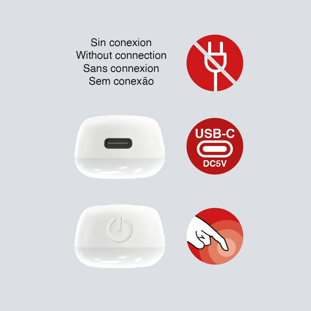 Un dispositivo blanco con puerto USB-C e icono de encendido. Iconos muestran sin conexión, USB-C 5V y toque.