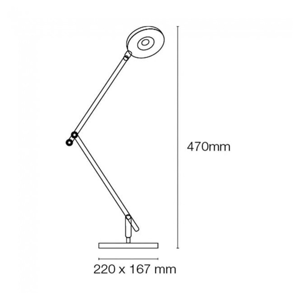 Un dibujo lineal blanco de una lámpara de escritorio moderna, altura 470mm.