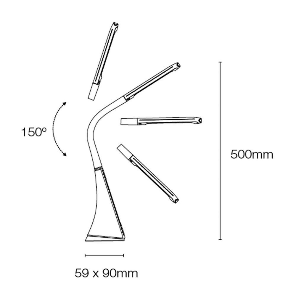 Diagrama de una lámpara de escritorio flexible de 59x90mm, altura 500mm.