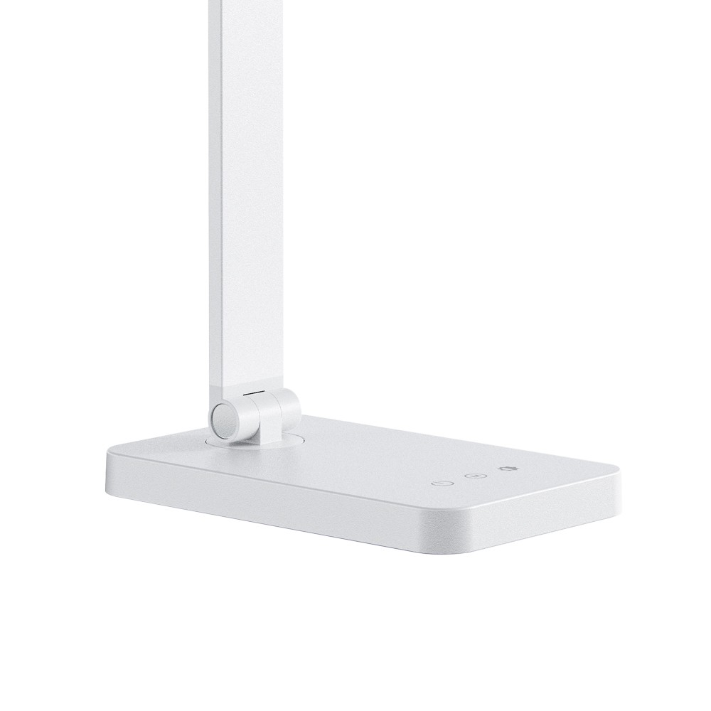Base blanca de lámpara de escritorio con articulación y brazo vertical.