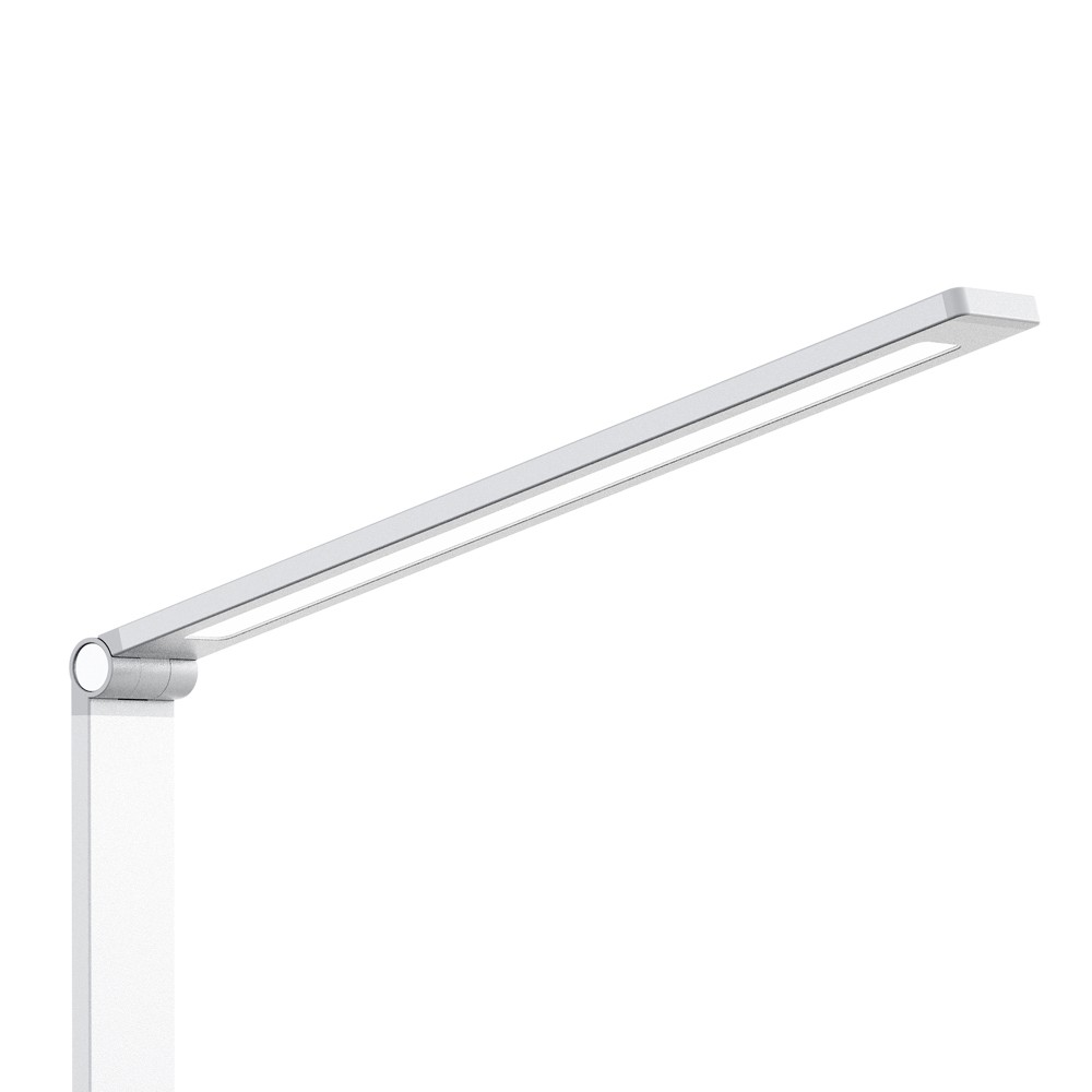 Lámpara de escritorio moderna con brazo blanco y luz LED.