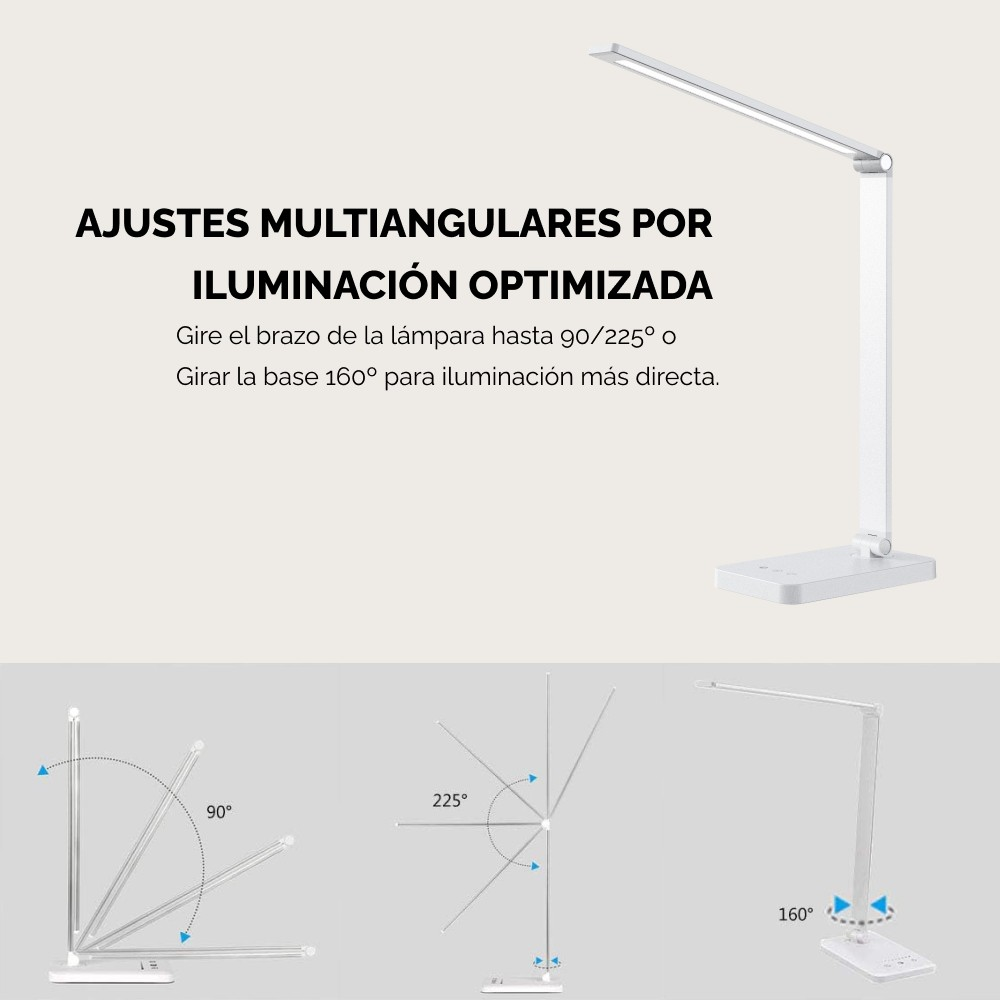 Una lámpara de escritorio blanca con articulaciones flexibles para ajustes de iluminación.