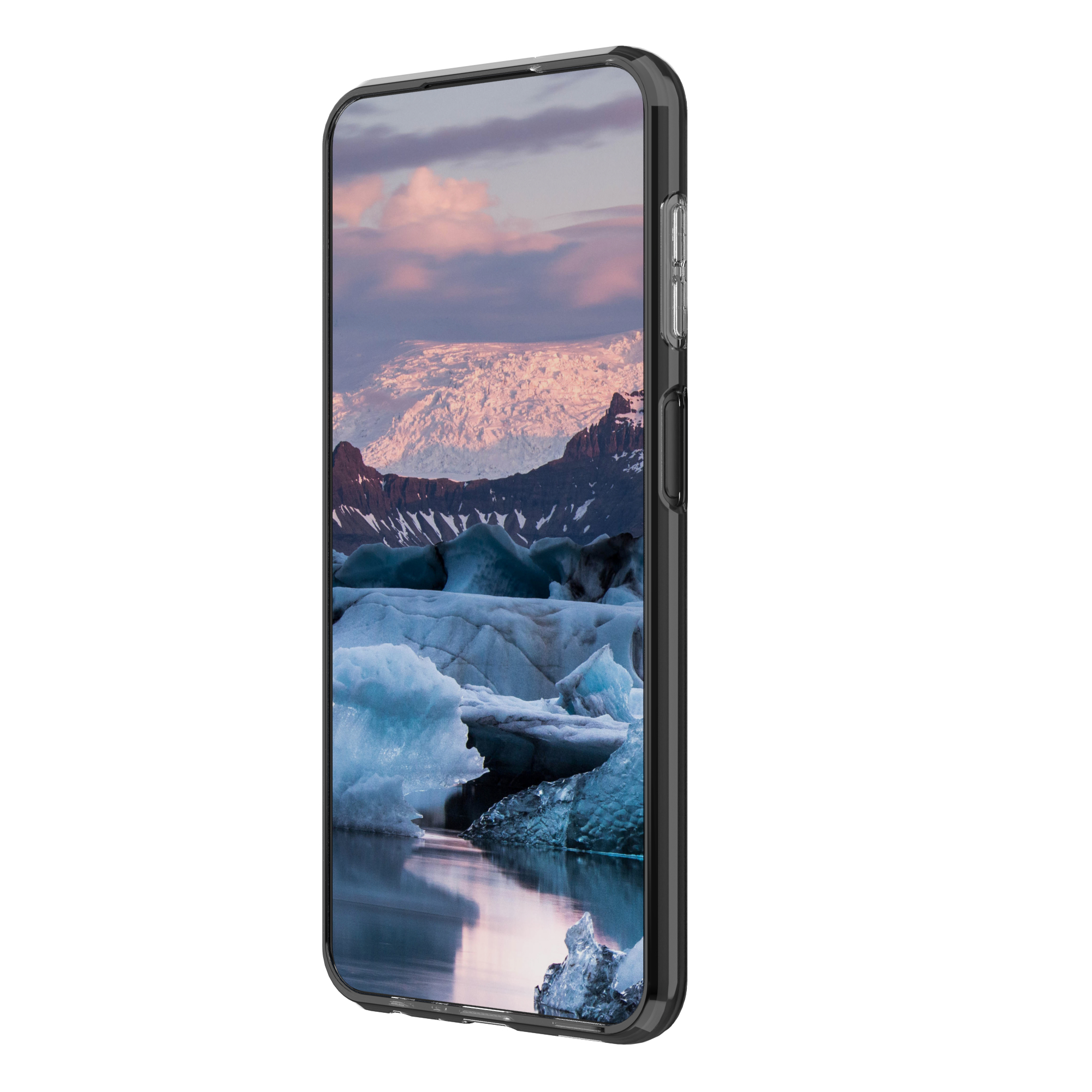Uno smartphone mostra un'immagine di montagne ghiacciate e uno specchio d'acqua calmo.