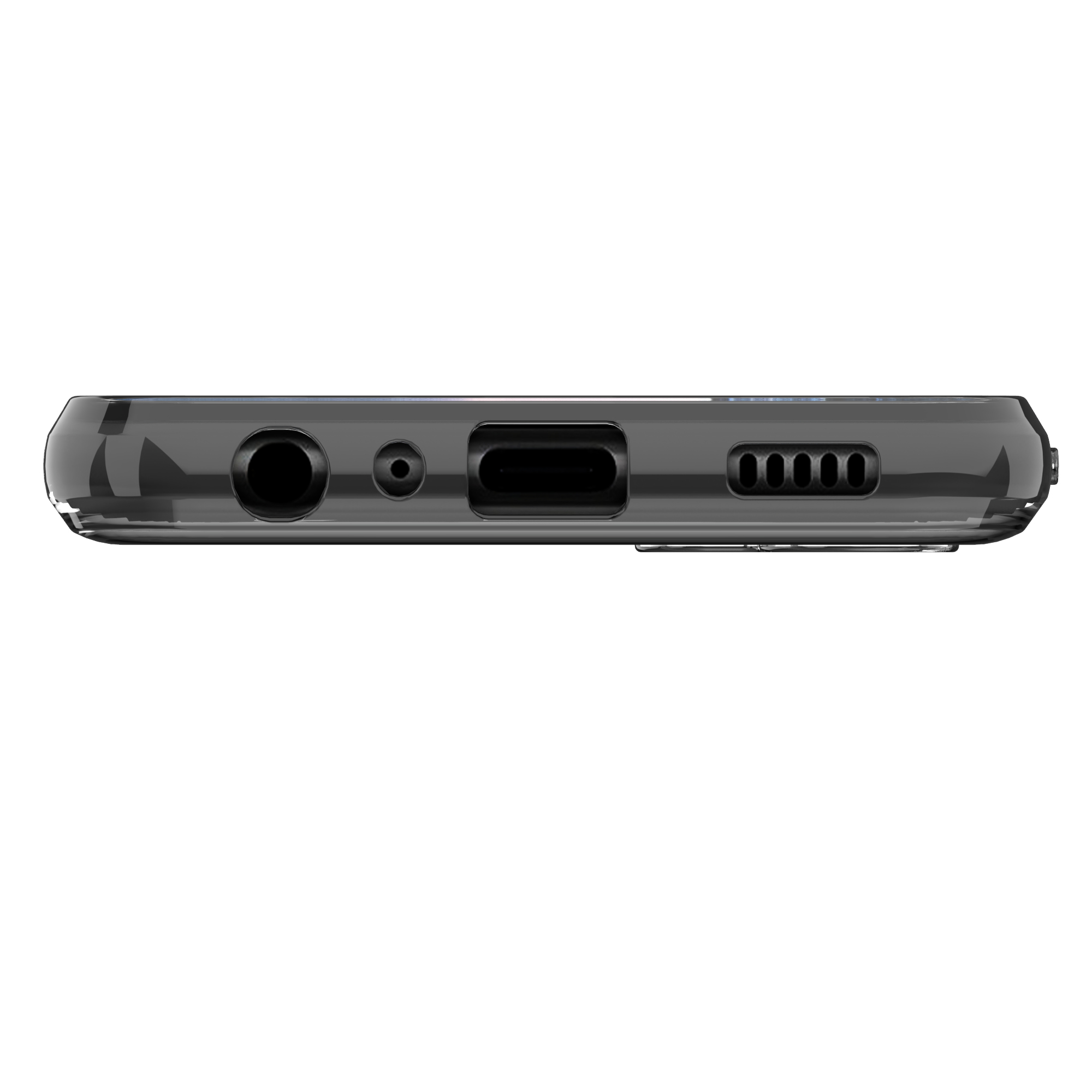 Vista inferiore di uno smartphone con porte: jack cuffie, USB-C, griglia altoparlante.