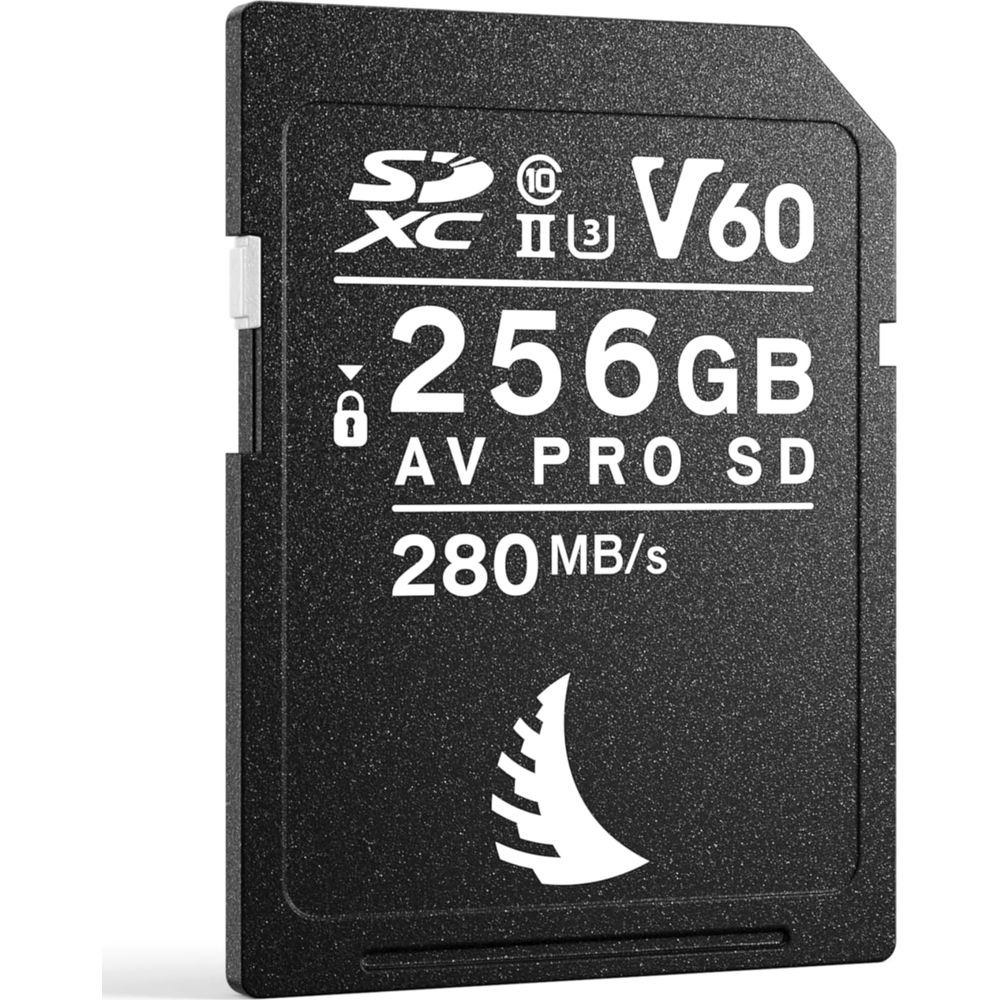Schwarze SDXC-Karte mit 256 GB, V60, 280 MB/s, AV PRO SD.