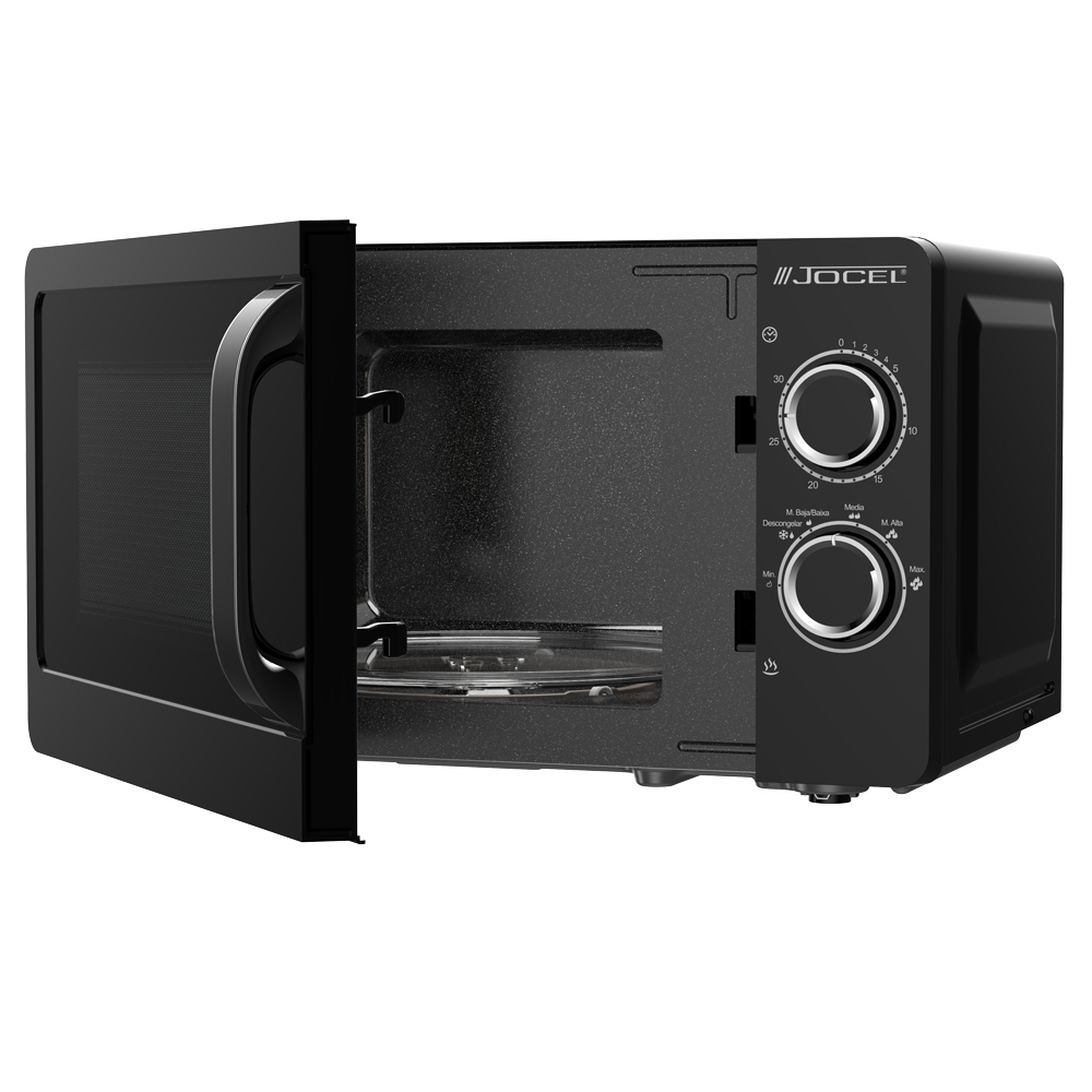 Microondas negro con puerta abierta, mostrando controles y plato.