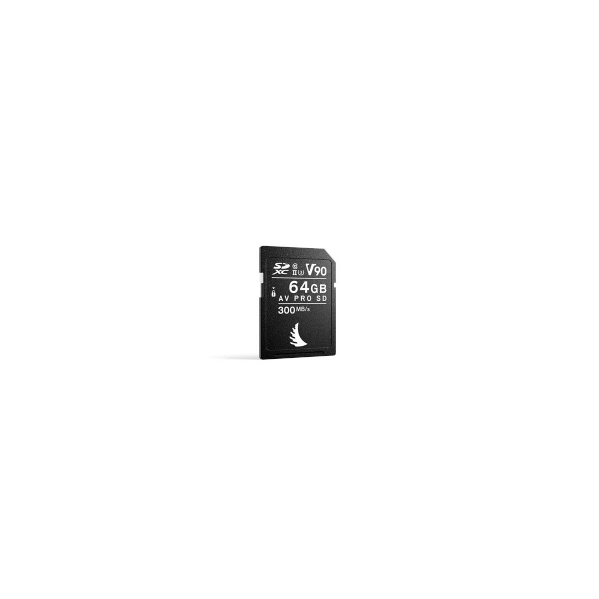 Eine schwarze SD-Karte mit 64 GB und V90-Bewertung auf weißem Hintergrund.