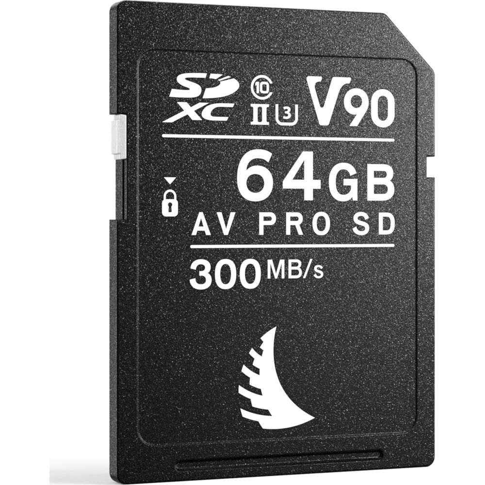 Schwarze SD-Karte mit 64 GB Speicher, V90, 300 MB/s, AV PRO SD.