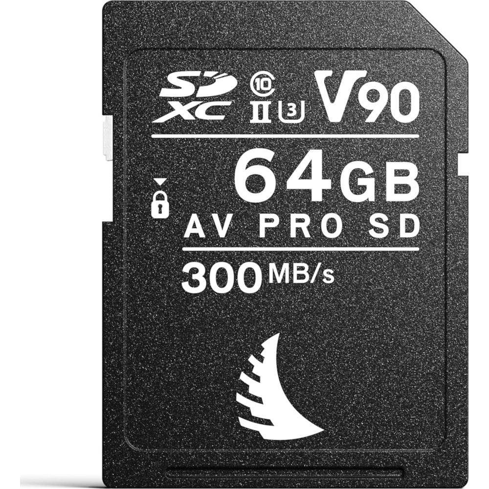 Schwarze SD-Karte mit 64GB Speicher, V90, 300MB/s und einem Schloss-Symbol.