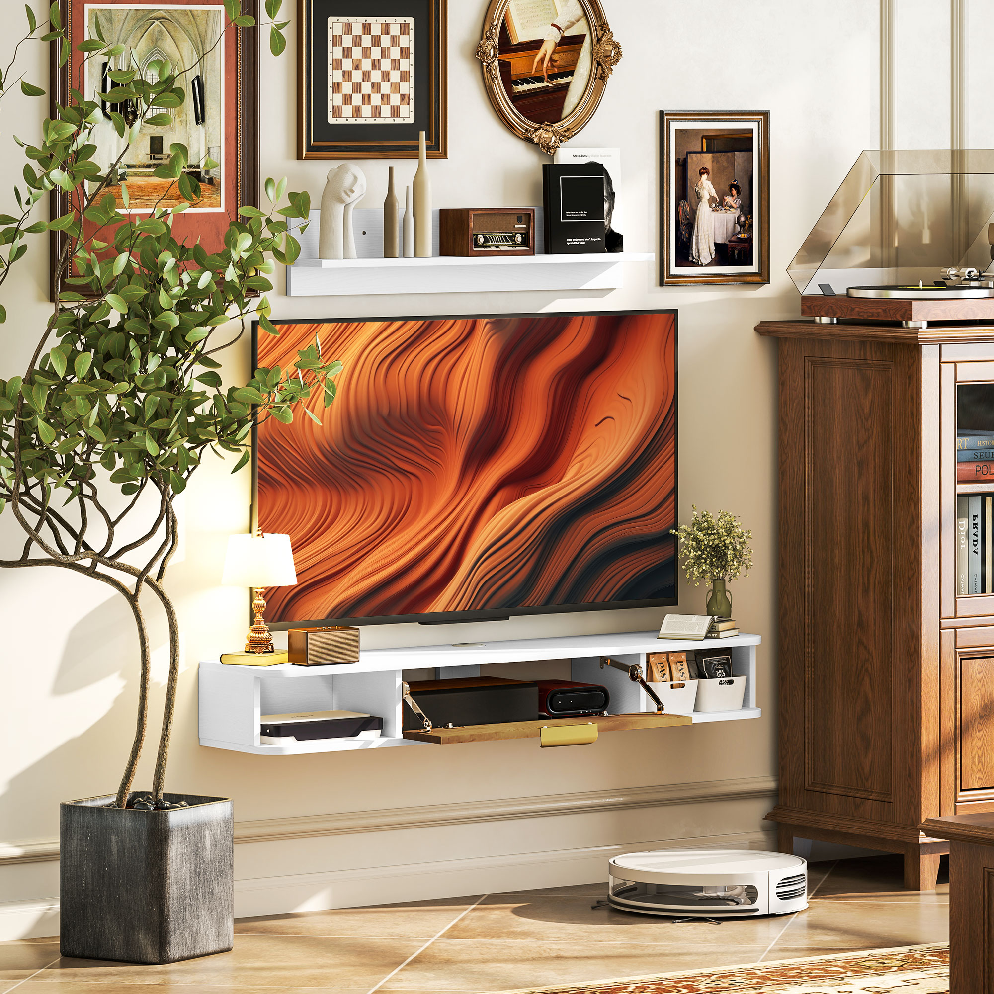 Una sala de estar con un televisor grande que muestra un patrón abstracto, plantas y decoración.
