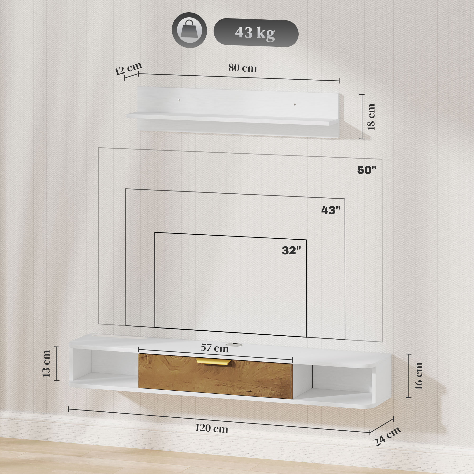 Mueble de TV blanco para pared con cajón y estante. Dimensiones mostradas.