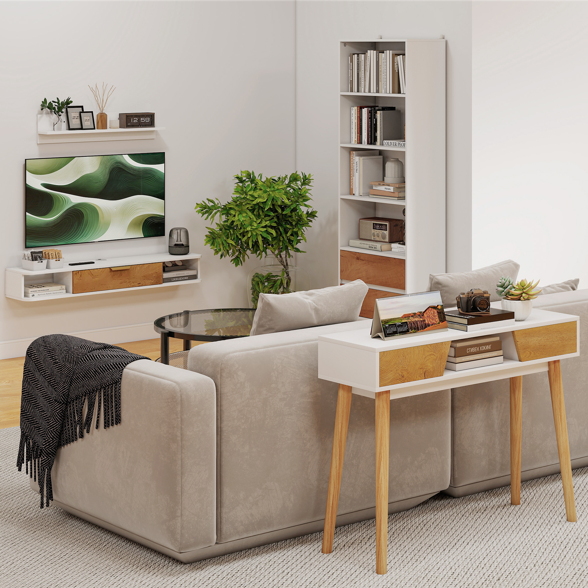 Sala de estar moderna con sofá, estantería, TV y mesita.