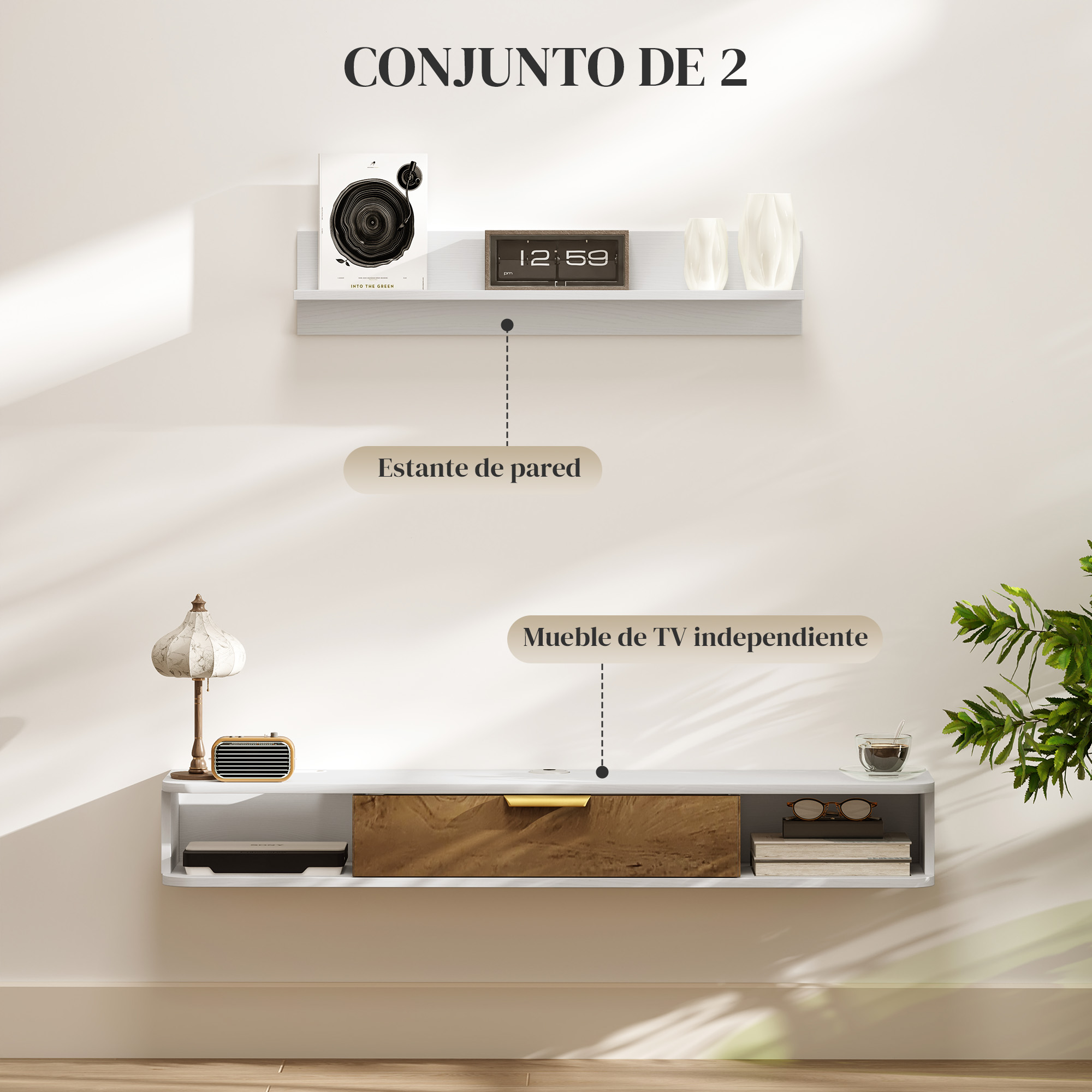 Un estante con decoración y un mueble de TV con cajón y libros.