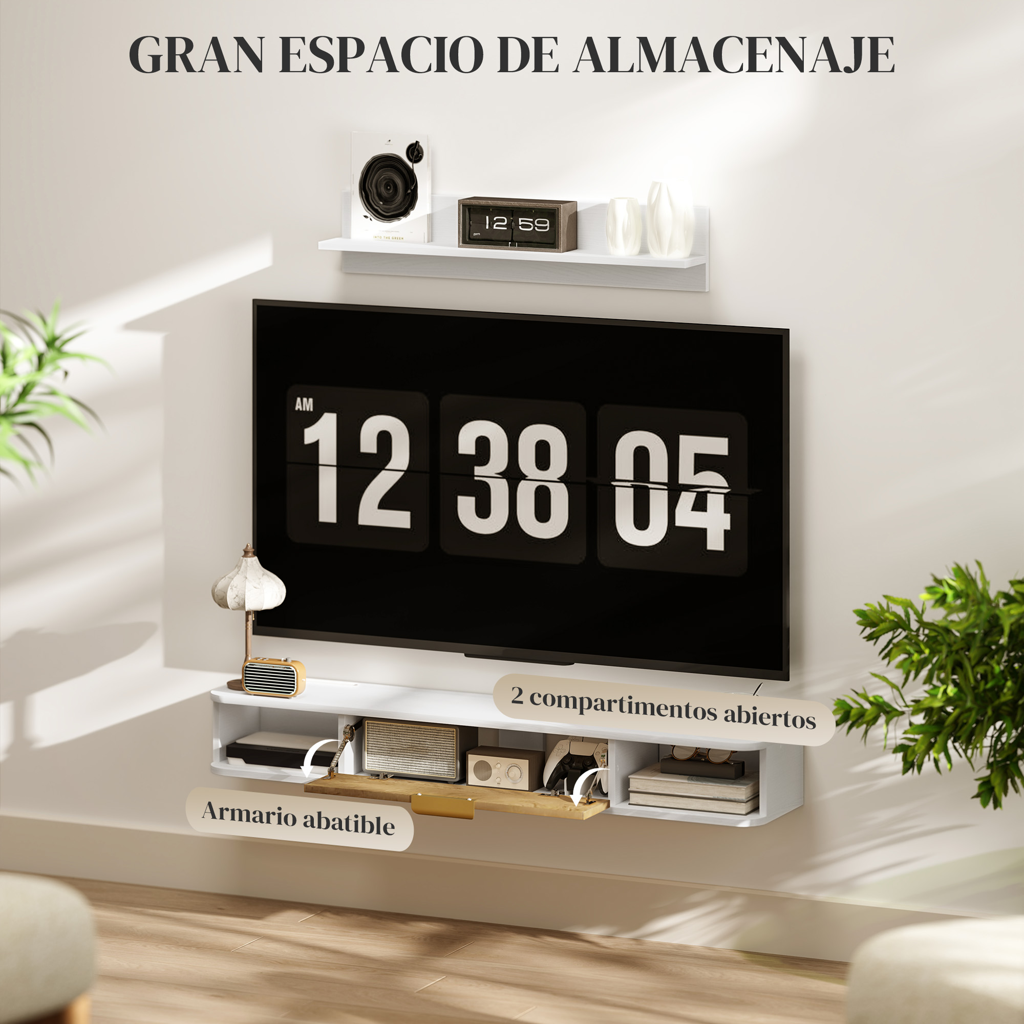 Mueble de TV de pared con estante abierto, puerta abatible y elementos retro.