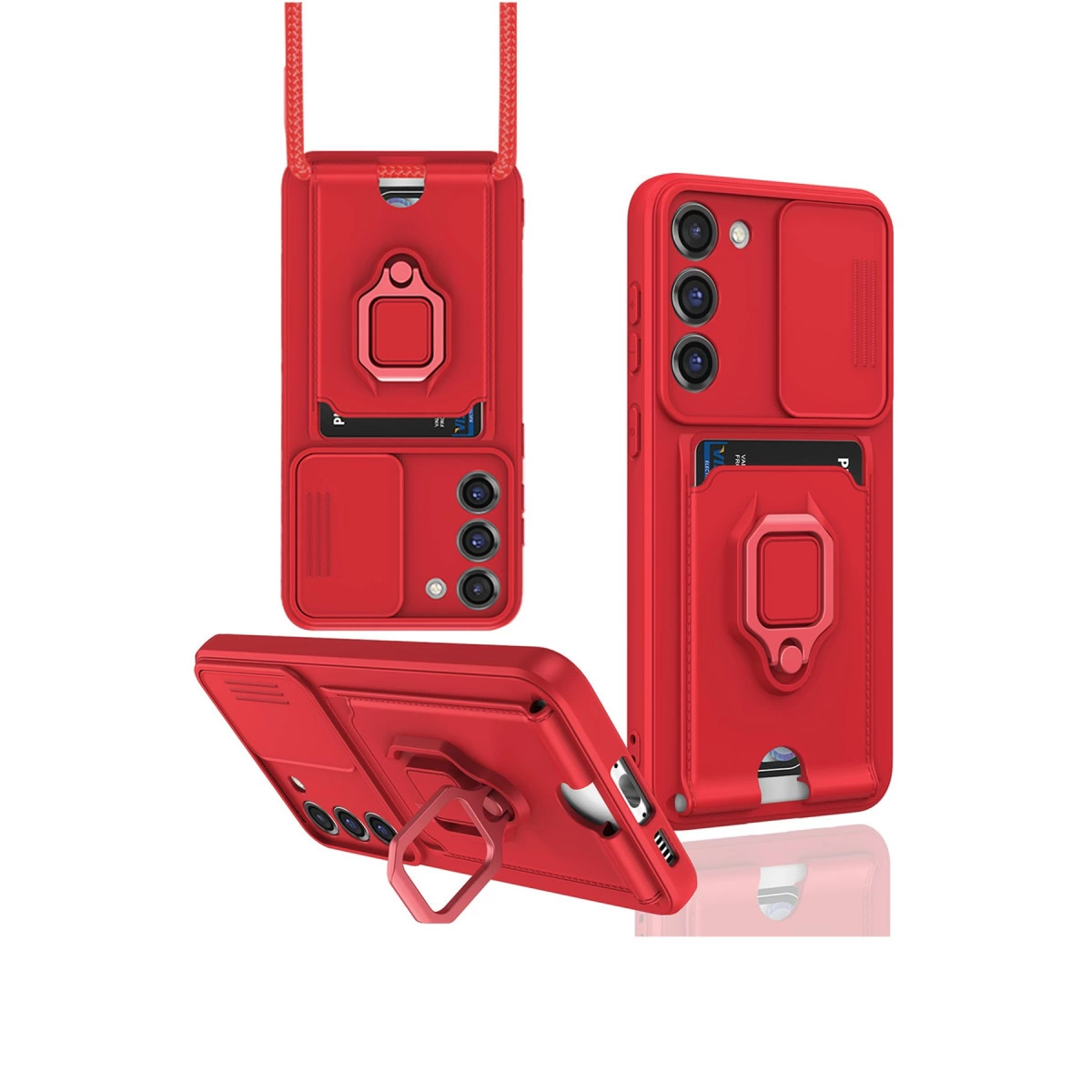 Kart tutuculu, halka tutuculu, kordonlu kırmızı telefon kılıfı. Üç açıdan gösteriliyor.