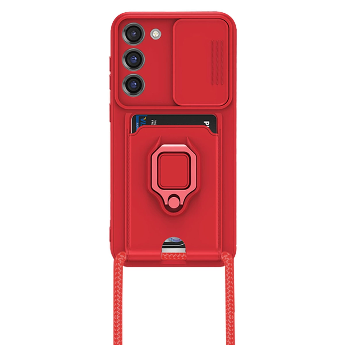 Kart yuvalı, halka tutuculu ve kayar kapaklı kırmızı telefon kılıfı. Kordonlu.