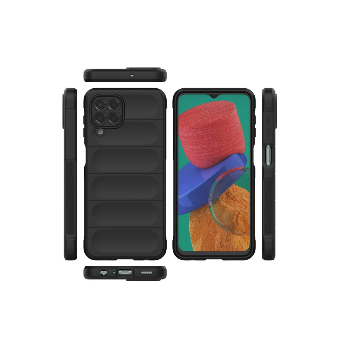 Siyah kapitone telefon kılıfı, birden fazla açıdan, ekran açıkken gösteriliyor.