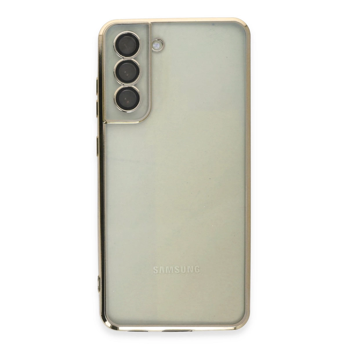 Üç kameralı, altın çerçeveli, açık yeşil Samsung telefonun arka yüzü.