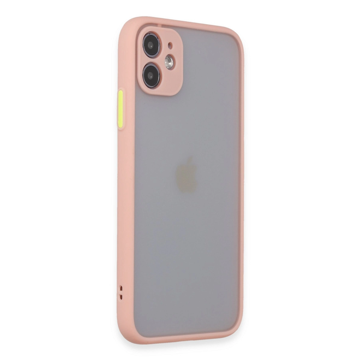 Buzlu arka ve kamera modülüne sahip pembe iPhone kılıfı.