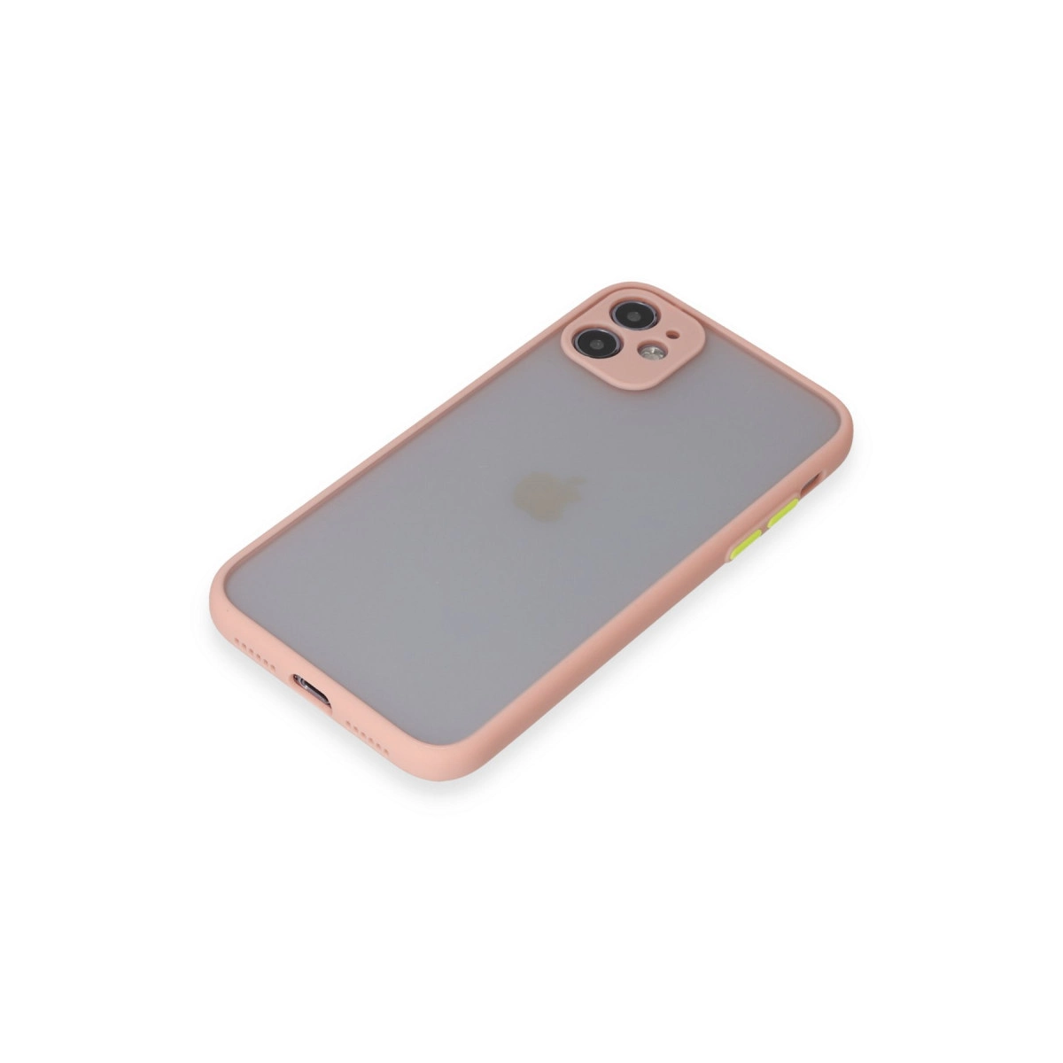 Arkadan çift kameralı ve buzlu arka yüzlü pembe iPhone kılıfı.