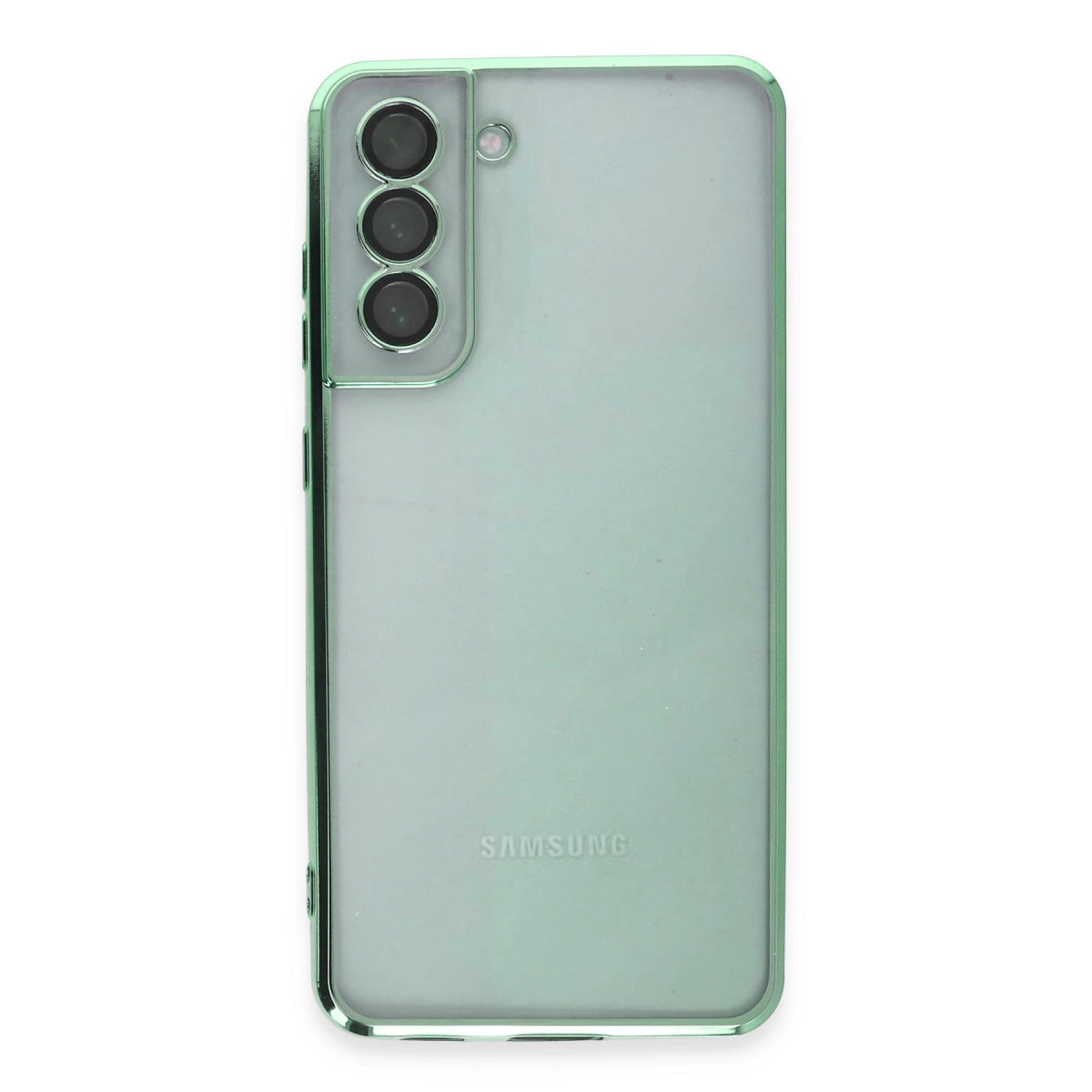Üç kameralı ve flaşlı açık yeşil Samsung telefonun arka yüzü.