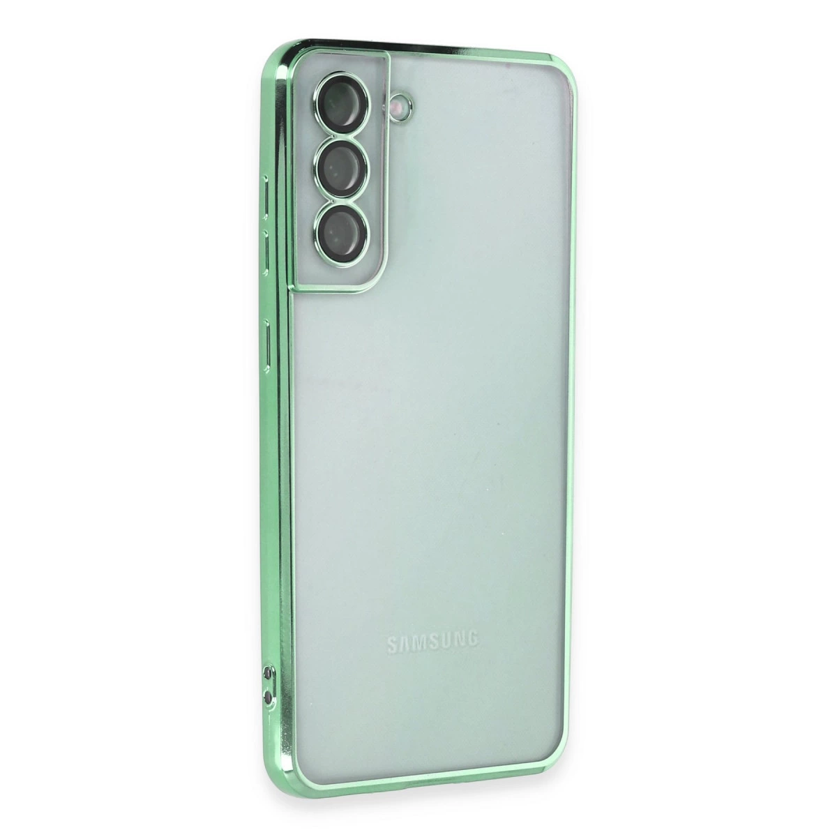 Üç kameralı, metalik çerçeveli, açık yeşil Samsung telefonun arka yüzü.