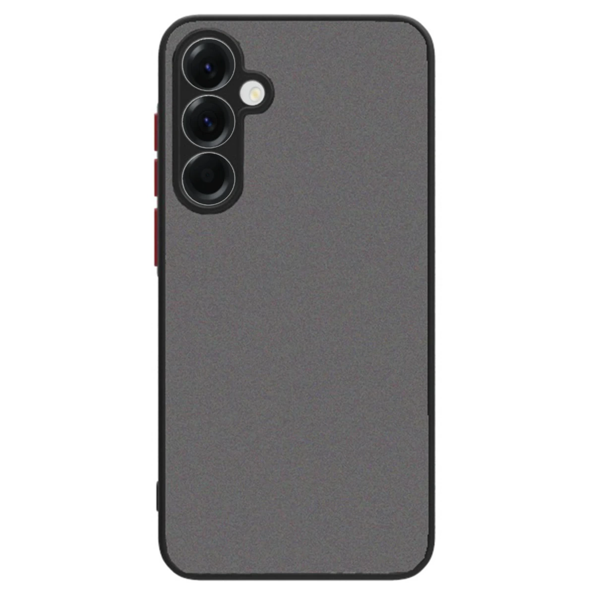 Üç kameralı, yan tarafında kırmızı düğmeli gri telefon kılıfı.