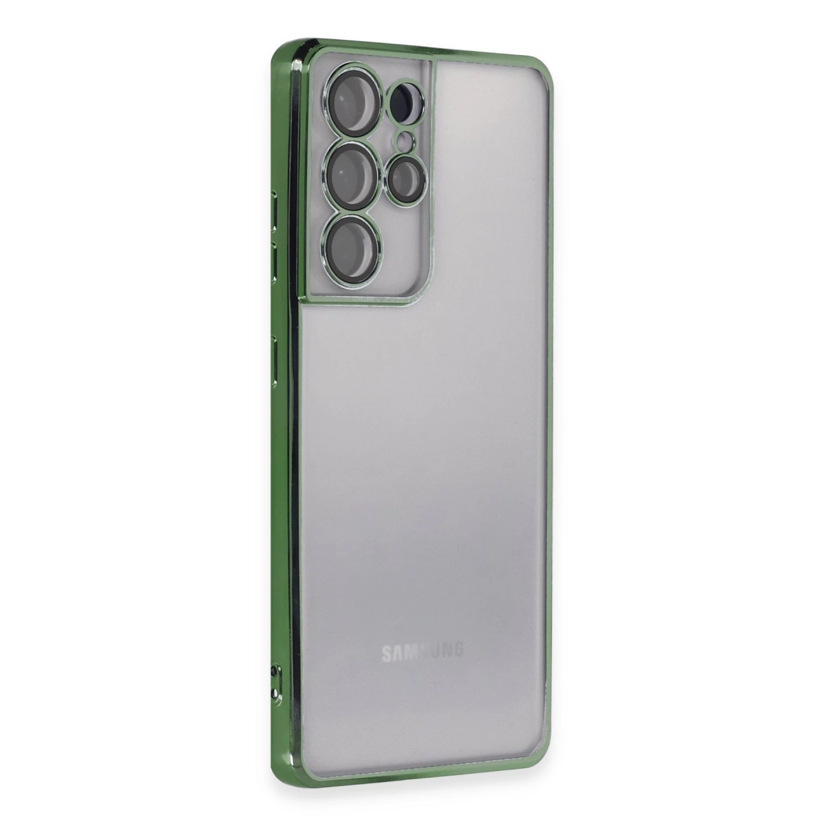 Dört kamera lensli şeffaf telefon kılıfı, yeşil kenarlıklı.