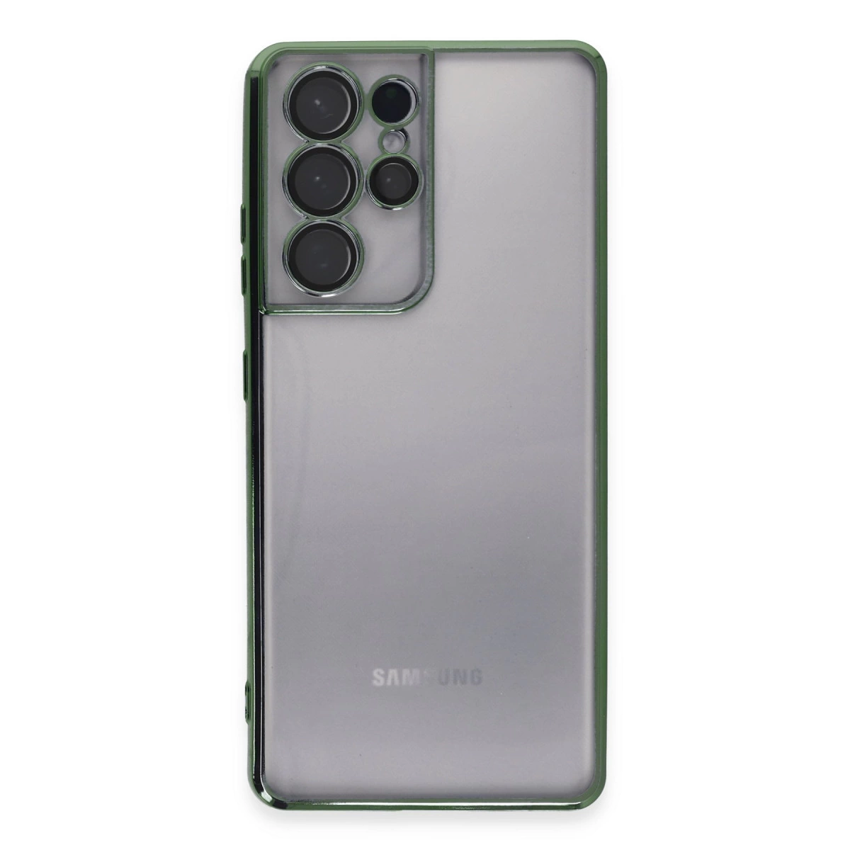 Yeşil çerçeveli, dört kameralı gri Samsung telefon.