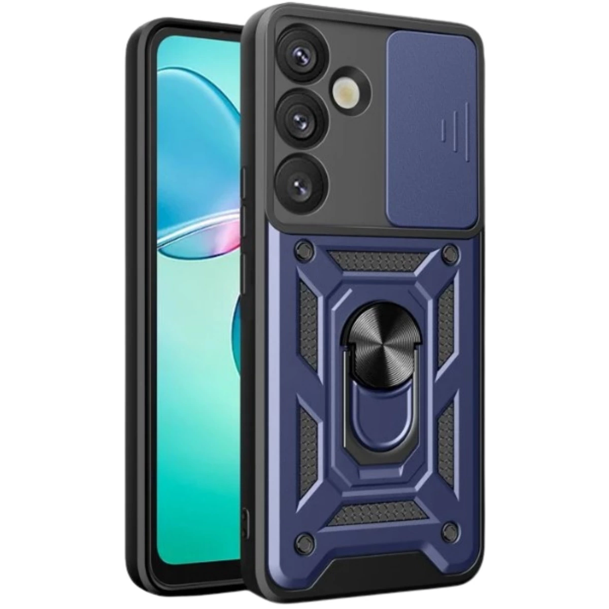Halka tutuculu ve kayar kapaklı lacivert telefon kılıfı.