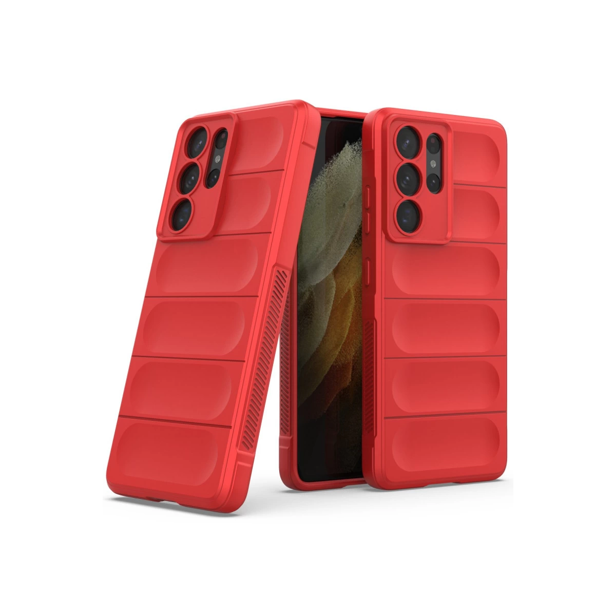 Beyaz arka plan üzerinde nervürlü tasarımlı ve kamera modüllü iki kırmızı telefon kılıfı.