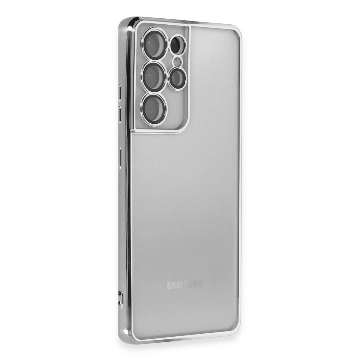 NEWFACE Samsung Galaxy S21 Ultra Uyumlu Kamera Korumalı Lensli Silikon Telefon Kılıfı Gümüş
