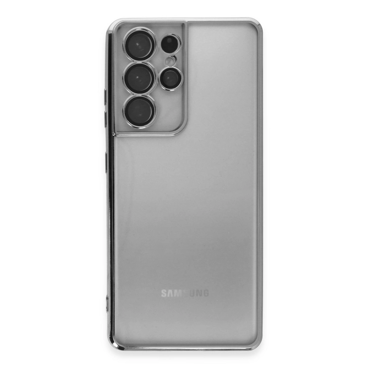 Gümüş renkli Samsung akıllı telefonun arka görünümü, dikdörtgen kamera modülü.