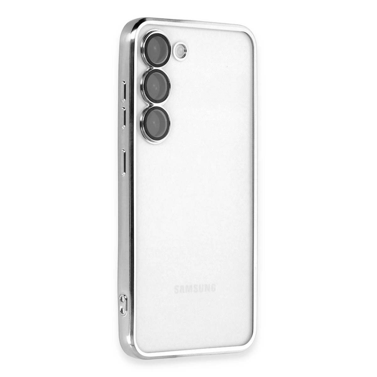 Gümüş çerçeveli beyaz telefon kılıfı, sol üstte üç kamera lensi bulunur.