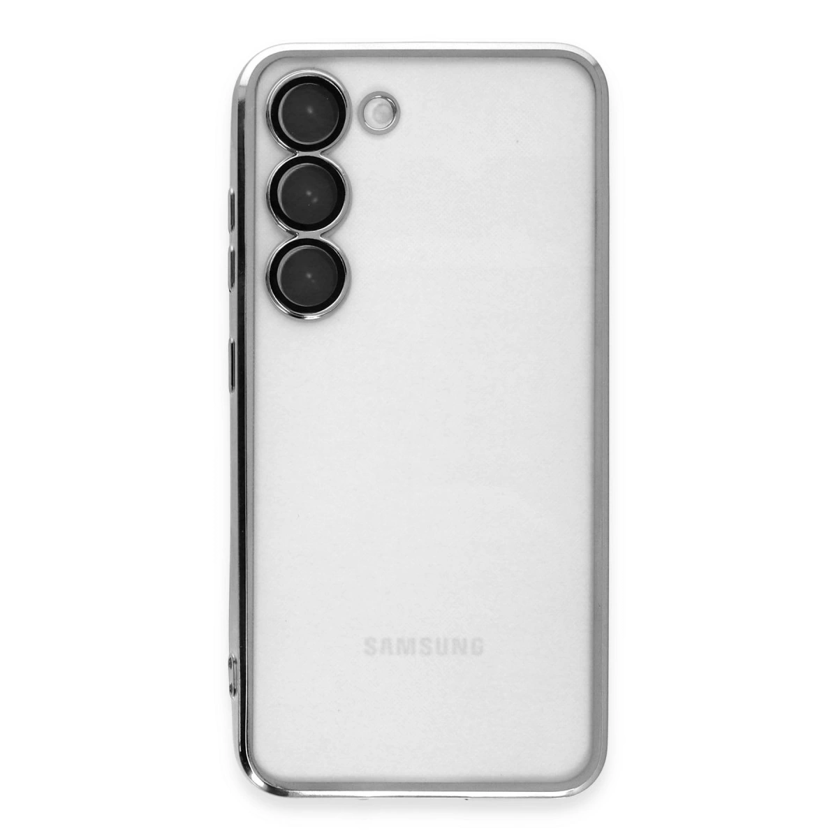 Üç kameralı, Samsung logolu beyaz telefon kılıfı.