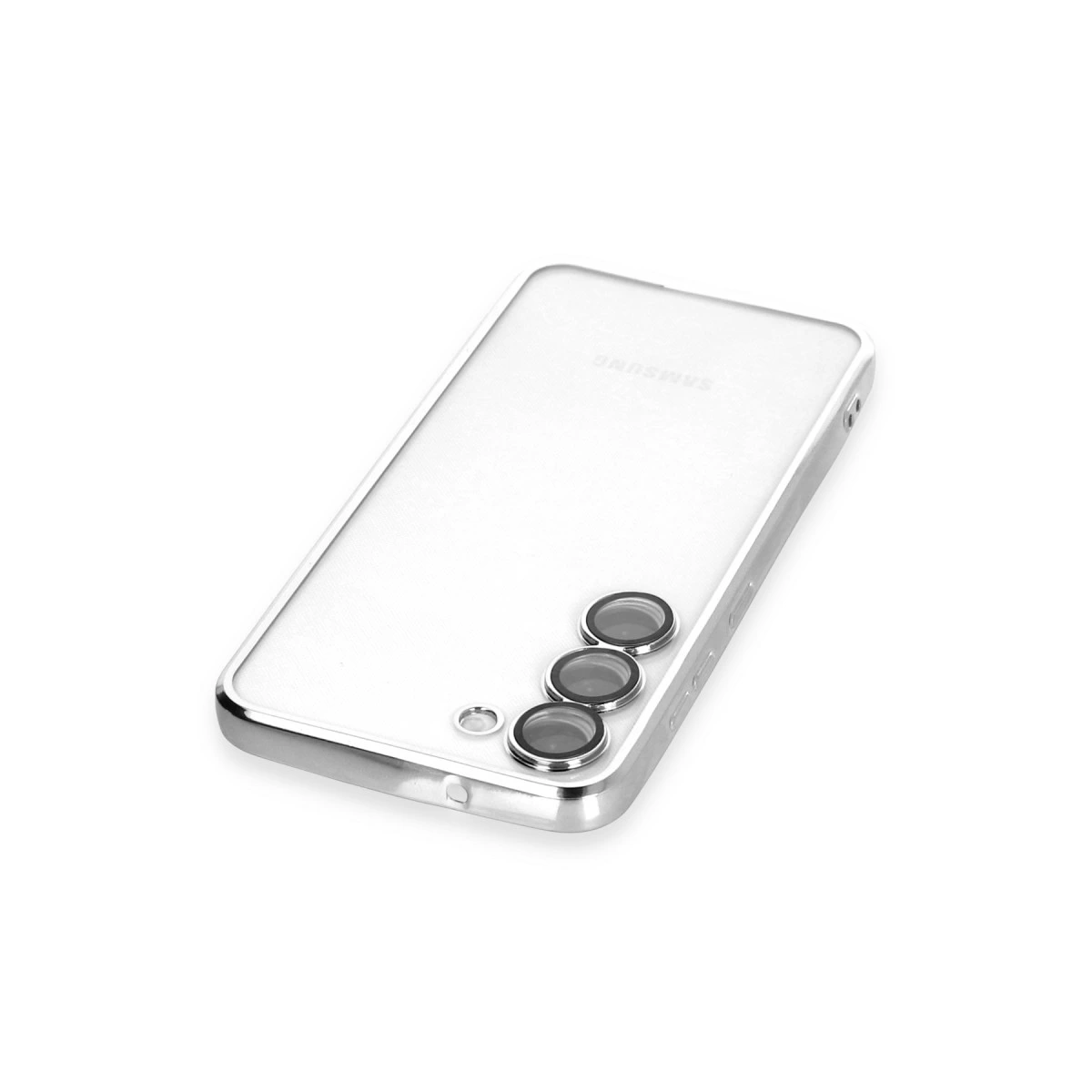 Gümüş kenarlı şeffaf telefon kılıfı, beyaz zeminde.