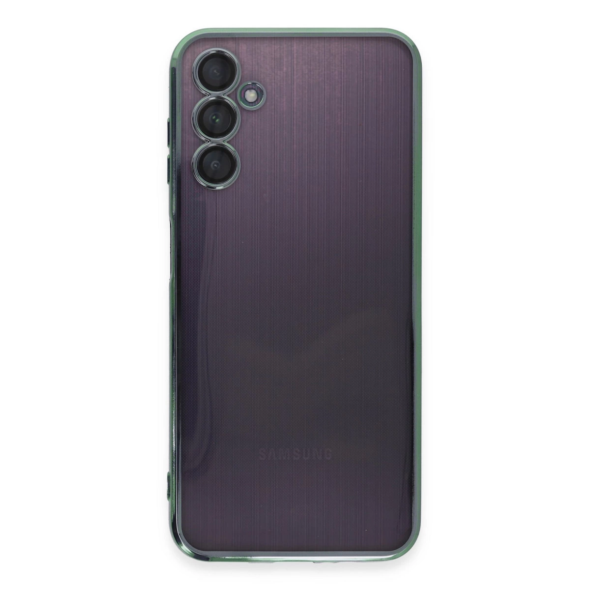Koyu, şeffaf bir telefonun arkası, sol üstte üç kamera lensi ve Samsung logosu bulunur.