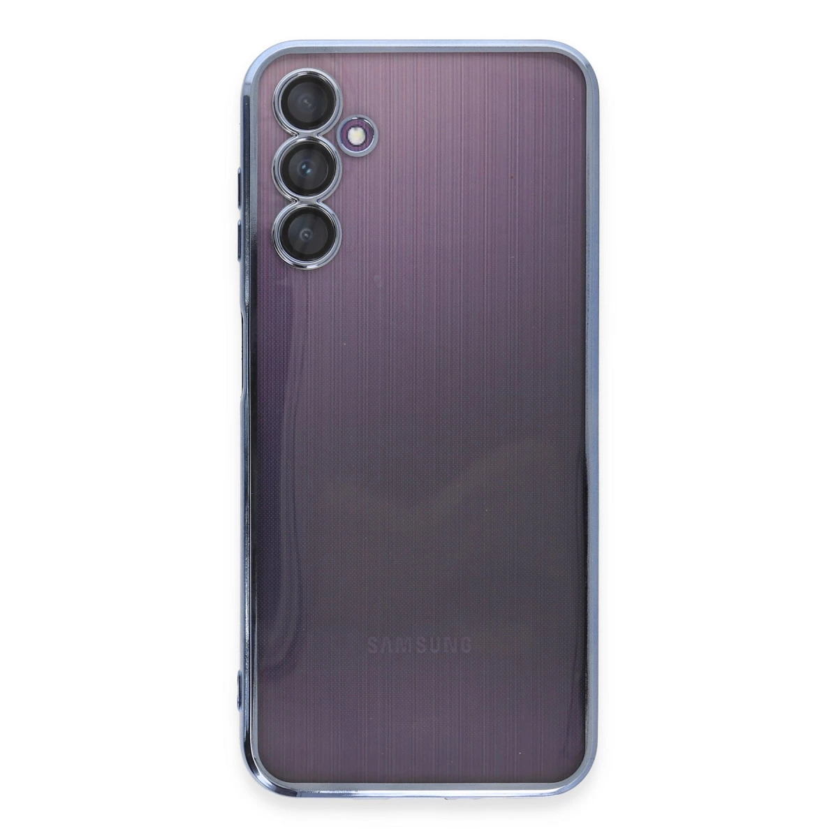 Üç kameralı şeffaf mor Samsung telefonun arka yüzü.