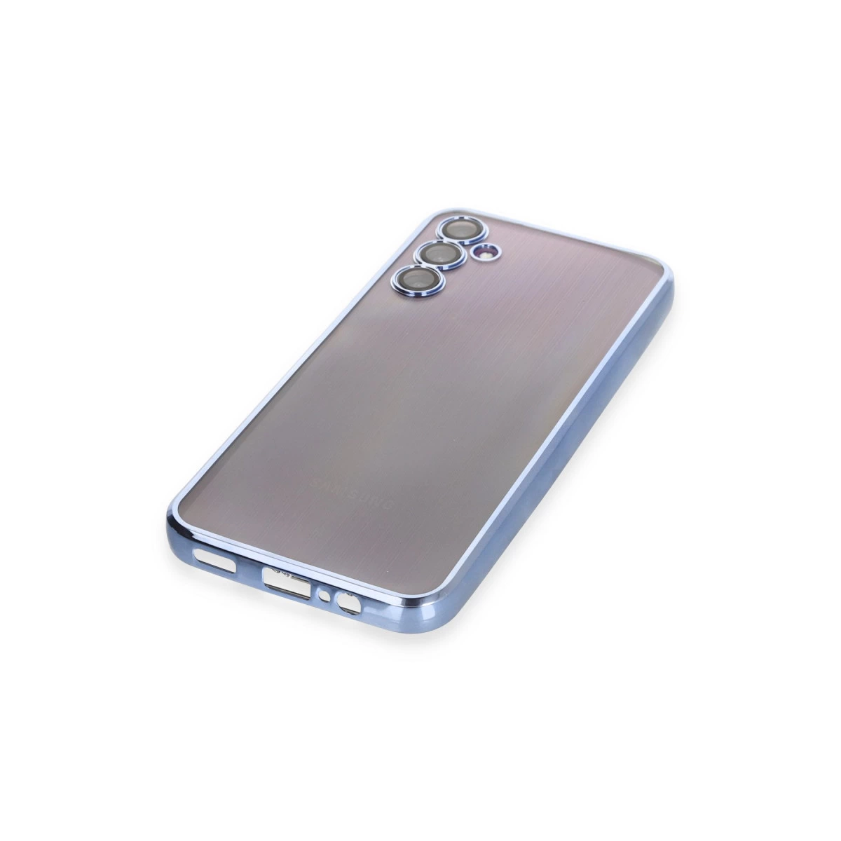 Mavi kenarlı şeffaf telefon kılıfı beyaz zeminde duruyor.