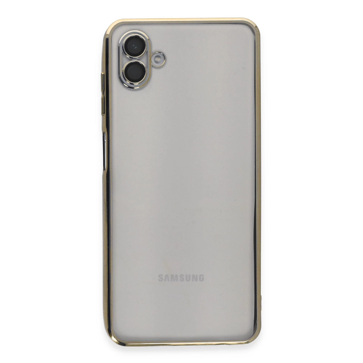 Altın çerçeveli ve iki kameralı şeffaf Samsung telefonun arkası.
