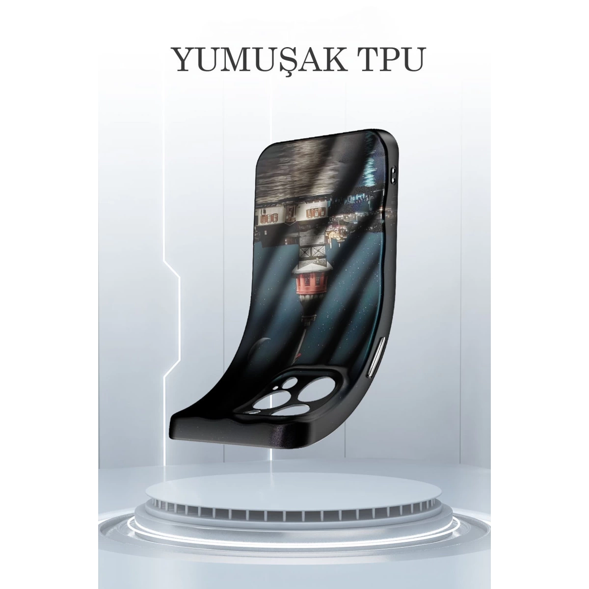 Şehir ve kule gece görüntülü siyah telefon kılıfı.