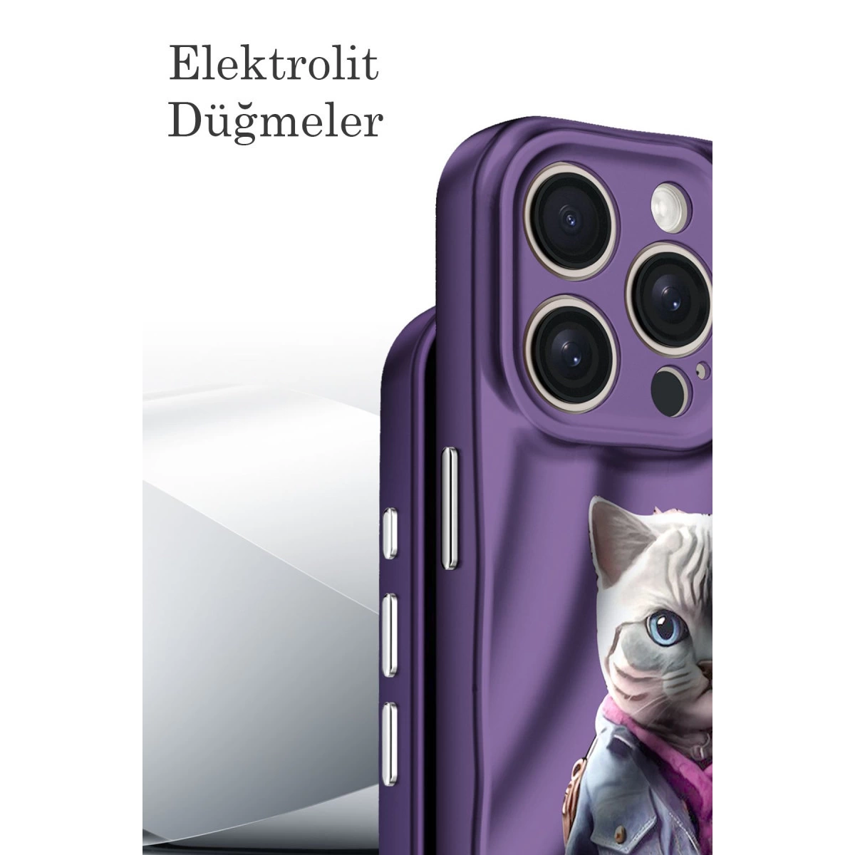Kedi resimli, kamera, düğmeler ve metinli mor telefon kılıfı.