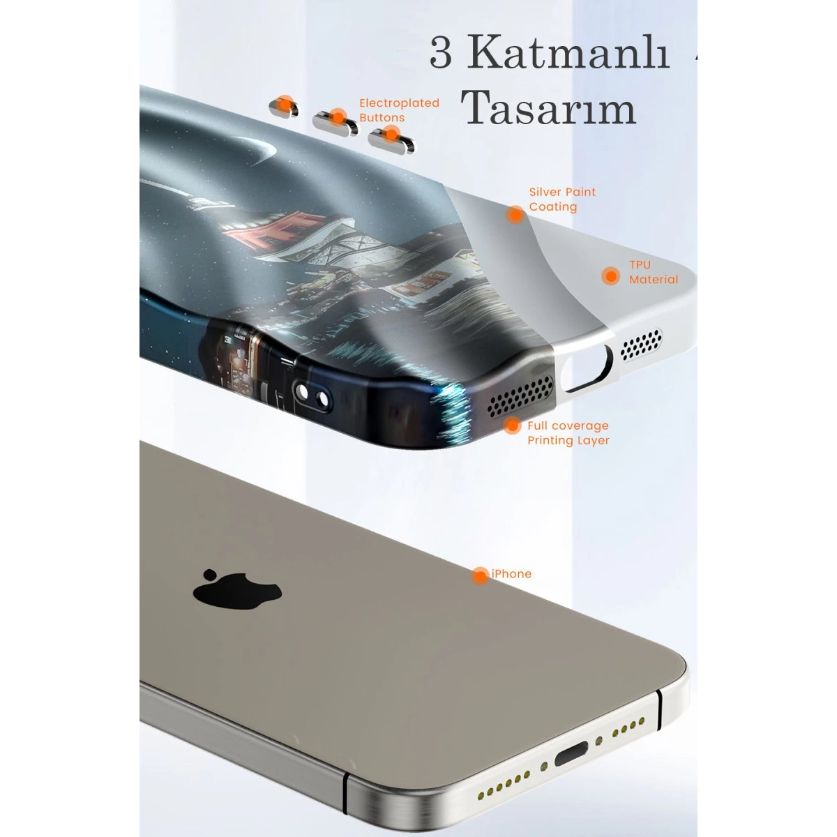 Yıldızlı gece tasarımlı, gümüş boyalı ve düğmeli iPhone kılıfı.