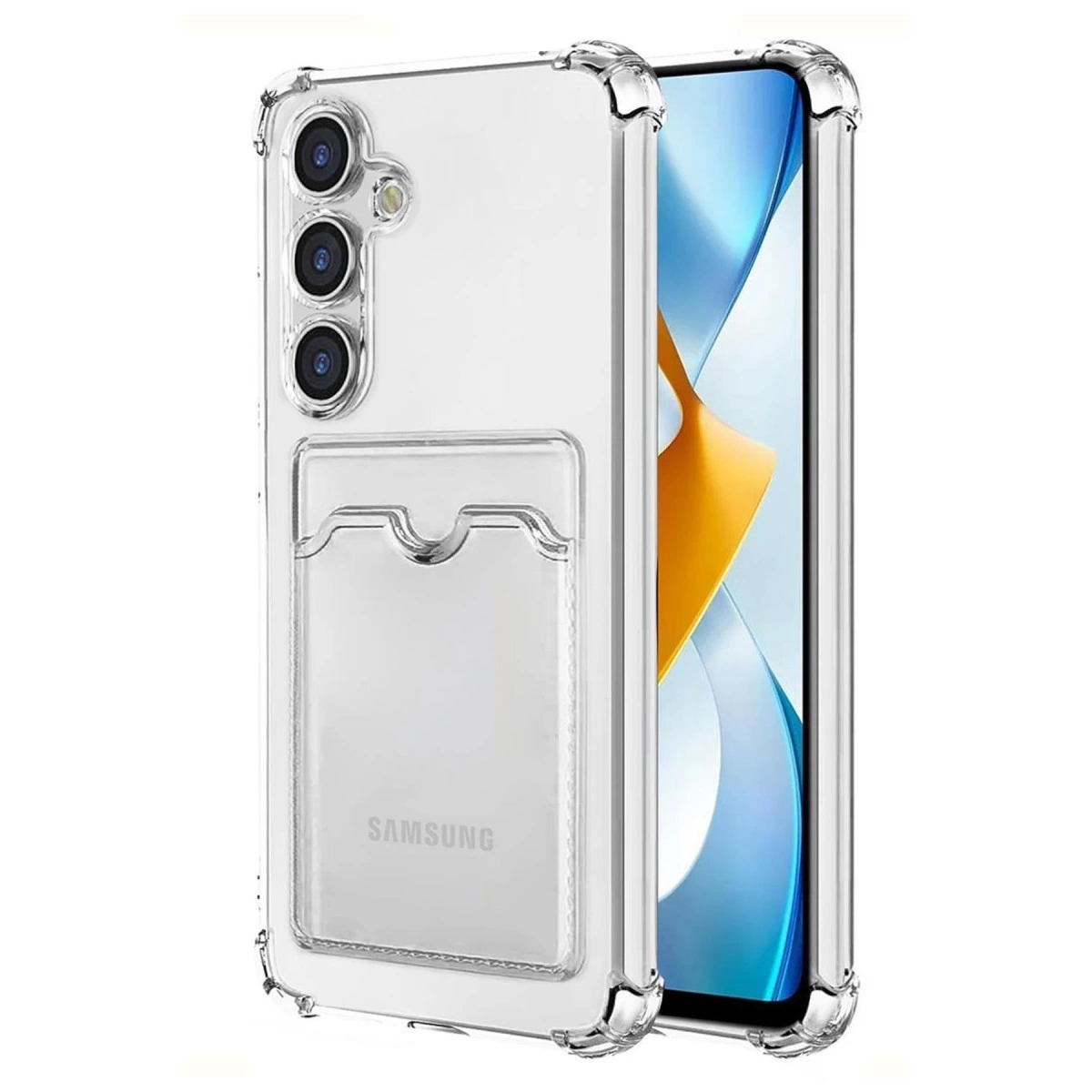 Kart bölmeli şeffaf telefon kılıfı, Samsung logosu ve üç kamera gösteriyor.