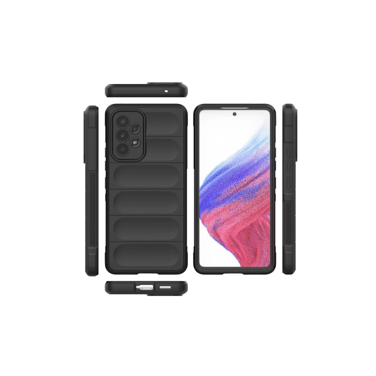 Kamera boşluklu siyah oluklu telefon kılıfı, telefon ve üst, alt, yan görünümlerle gösterilmiştir.