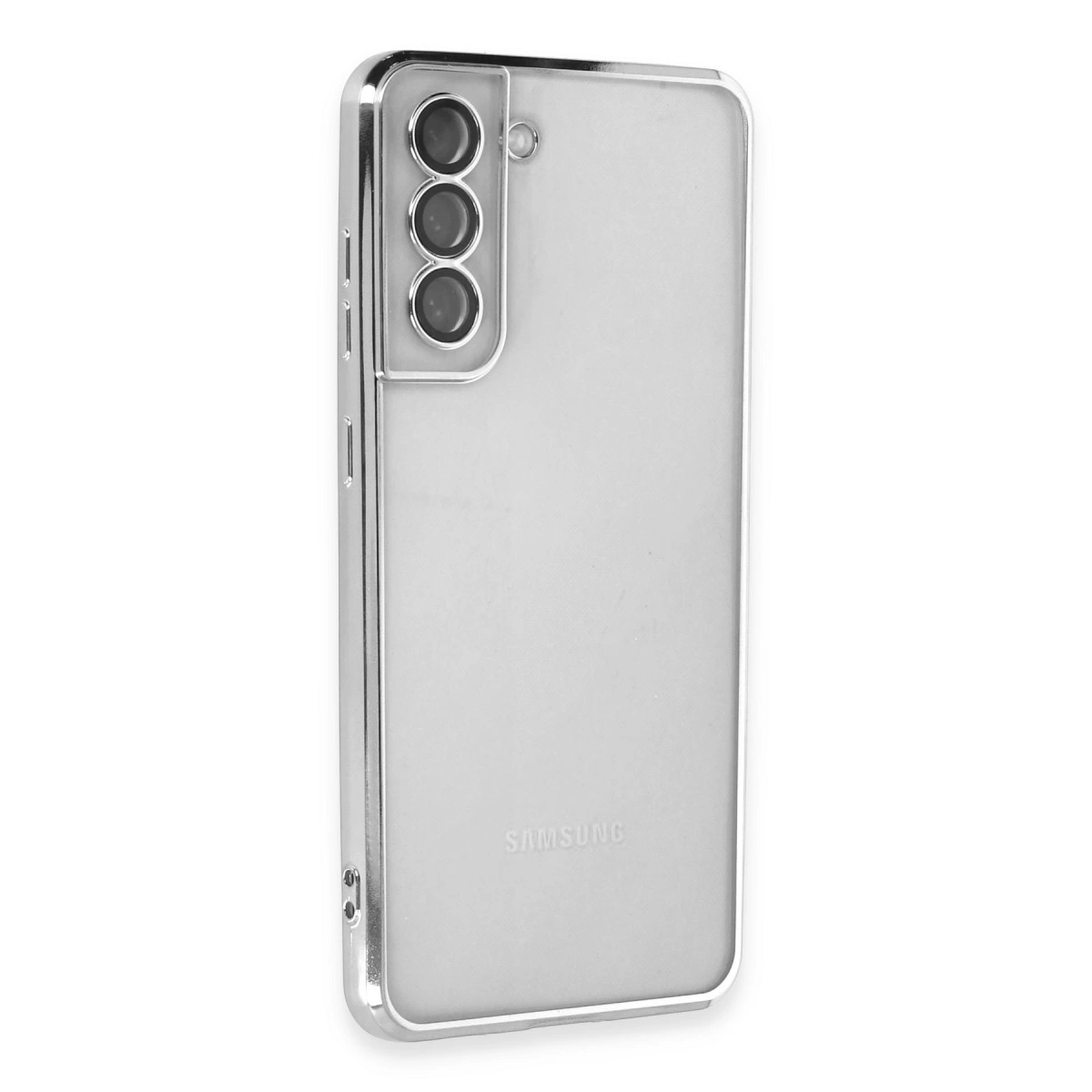 Gümüş çerçeveli ve üç kamera lensli şeffaf telefon kılıfı.