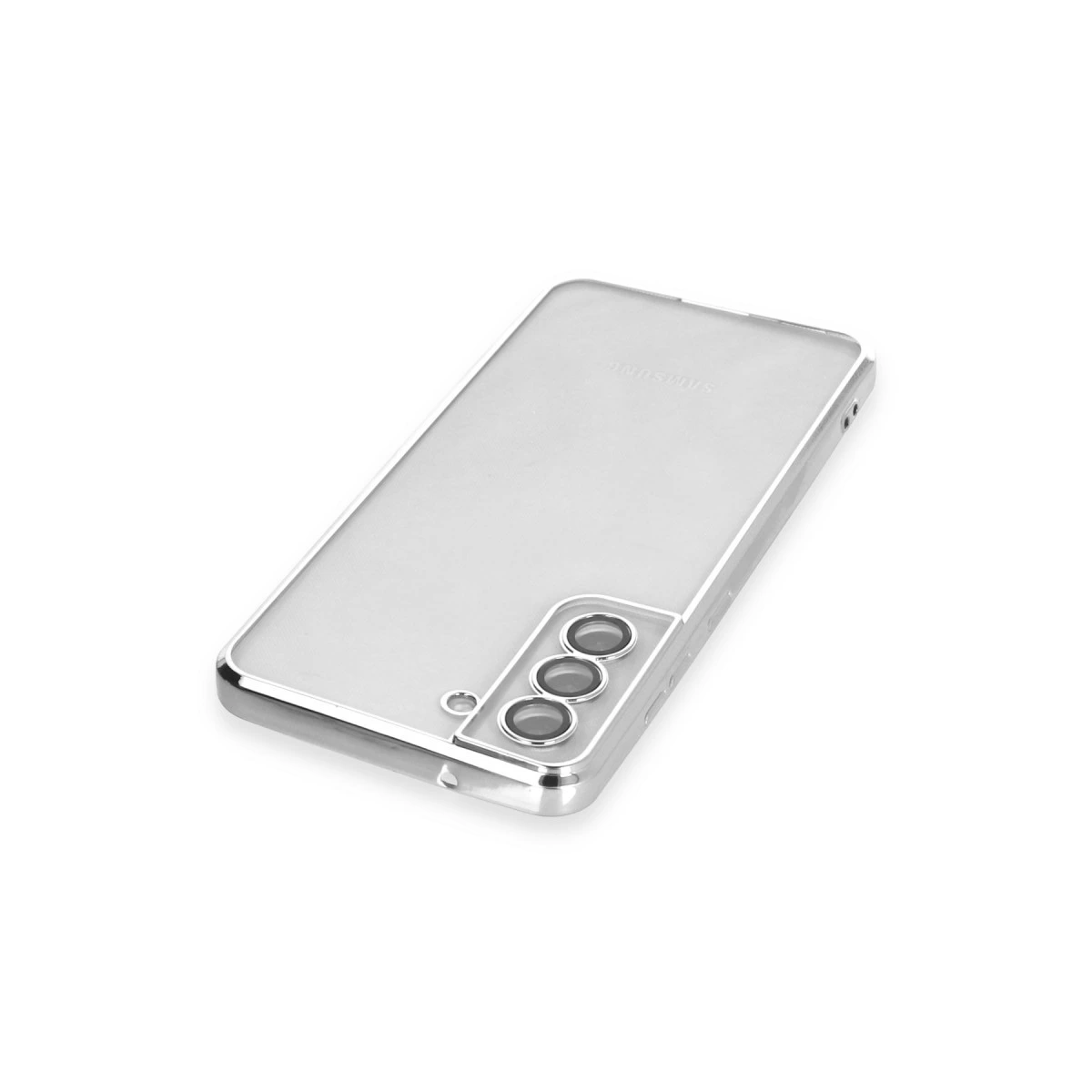Gümüş kenarlı şeffaf telefon kılıfı beyaz zeminde.